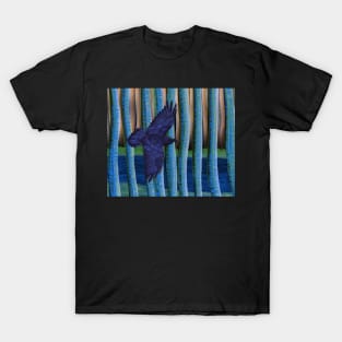 Black bird flying through a weird forest T-Shirt